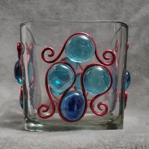 Square Glass Luminary Vase 3.5" Tall x 3.5" Wide Red & Blue